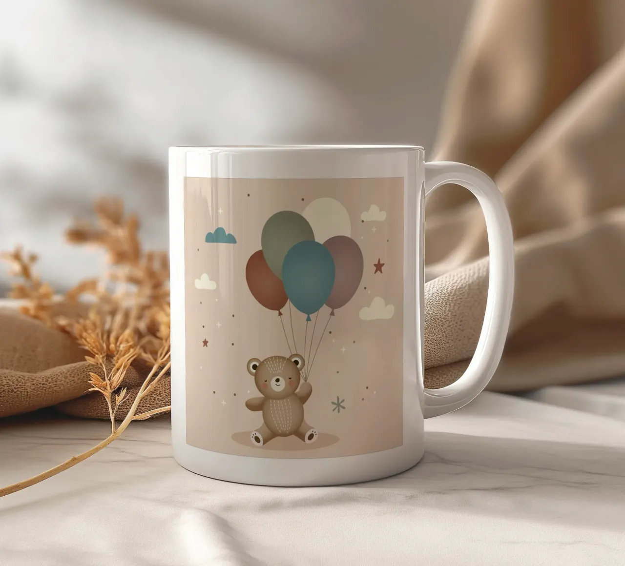 Happy bear with balloons - Playful animal illustration ceramic mug by namosh
