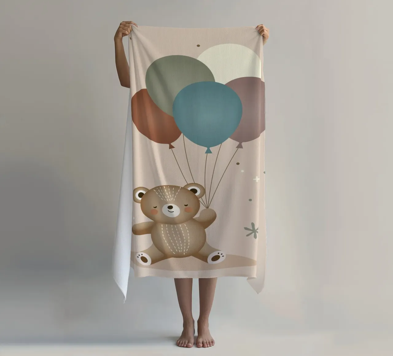 Orso felice con palloncini - Illustrazione di animali giocosi telo mare da namosh