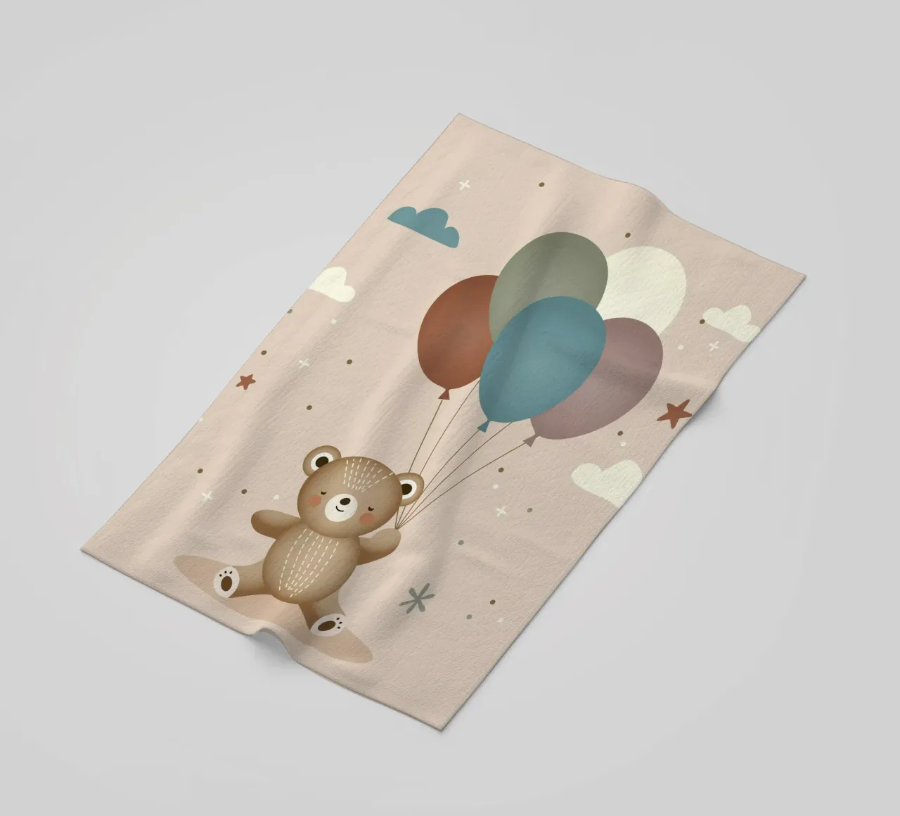 Orso felice con palloncini - Illustrazione di animali giocosi telo mare da namosh
