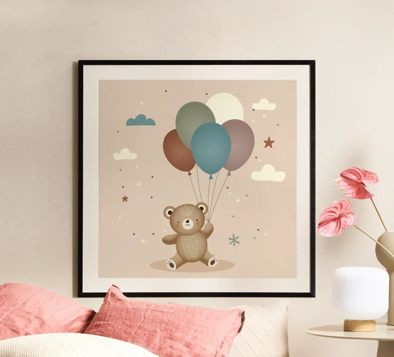 Orso felice con palloncini - Illustrazione di animali giocosi poster con telaio in legno da namosh