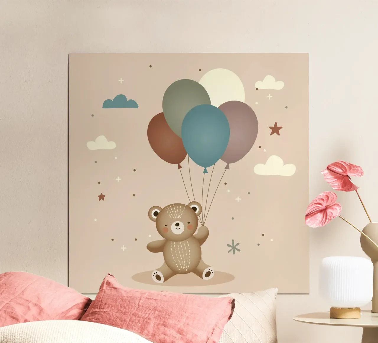 Orso felice con palloncini - Illustrazione di animali giocosi poster con telaio in legno da namosh