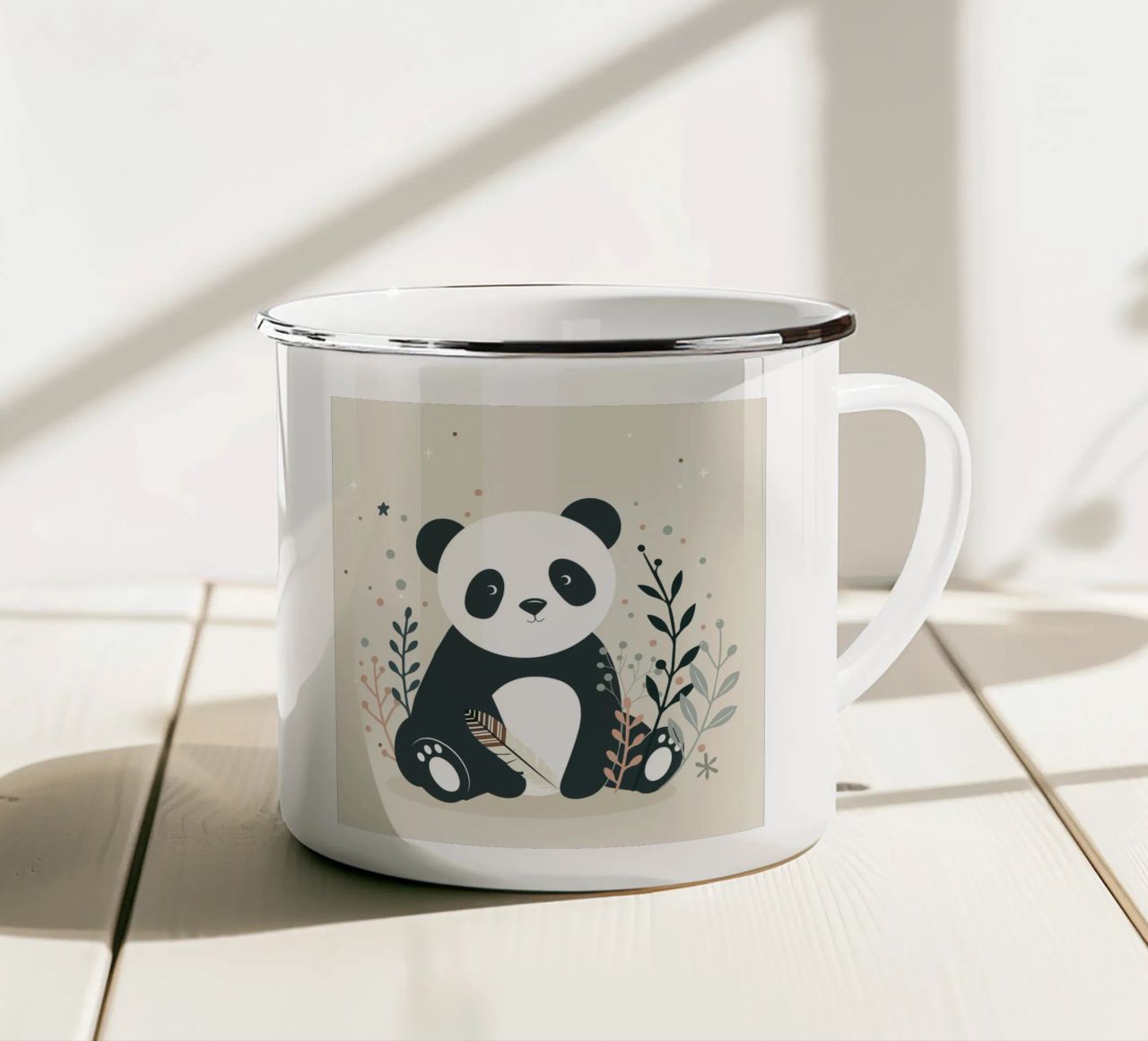 Panda con piuma - Un affascinante motivo naturalistico tazza in smalto da namosh