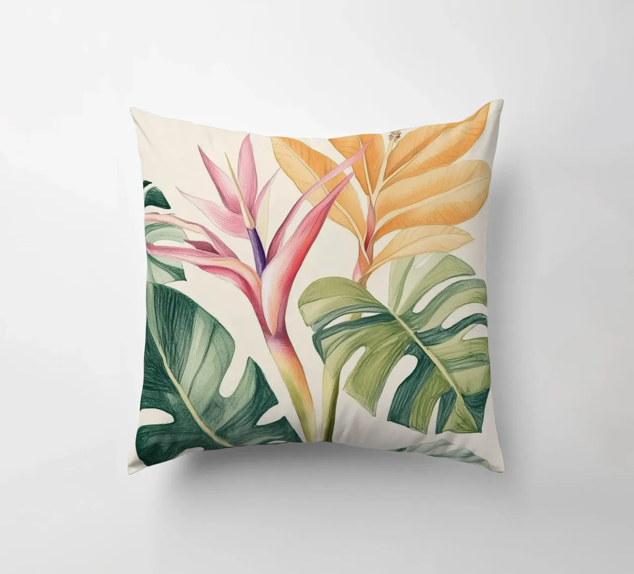 Boho Botanico Pianta tropicale Uccello del Paradiso Foglia di Monstera cuscino da Gentle Echoes Art