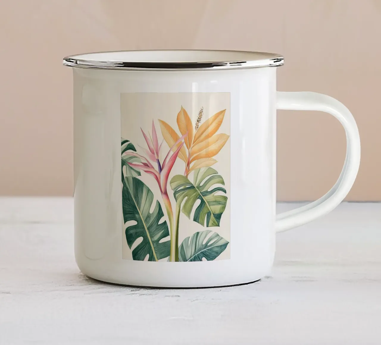 Boho Botanico Pianta tropicale Uccello del Paradiso Foglia di Monstera tazza in smalto da Gentle Echoes Art