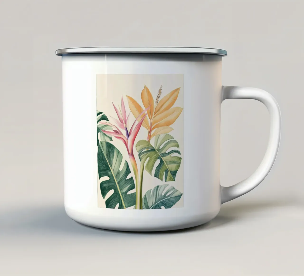 Boho Botanico Pianta tropicale Uccello del Paradiso Foglia di Monstera tazza in smalto da Gentle Echoes Art