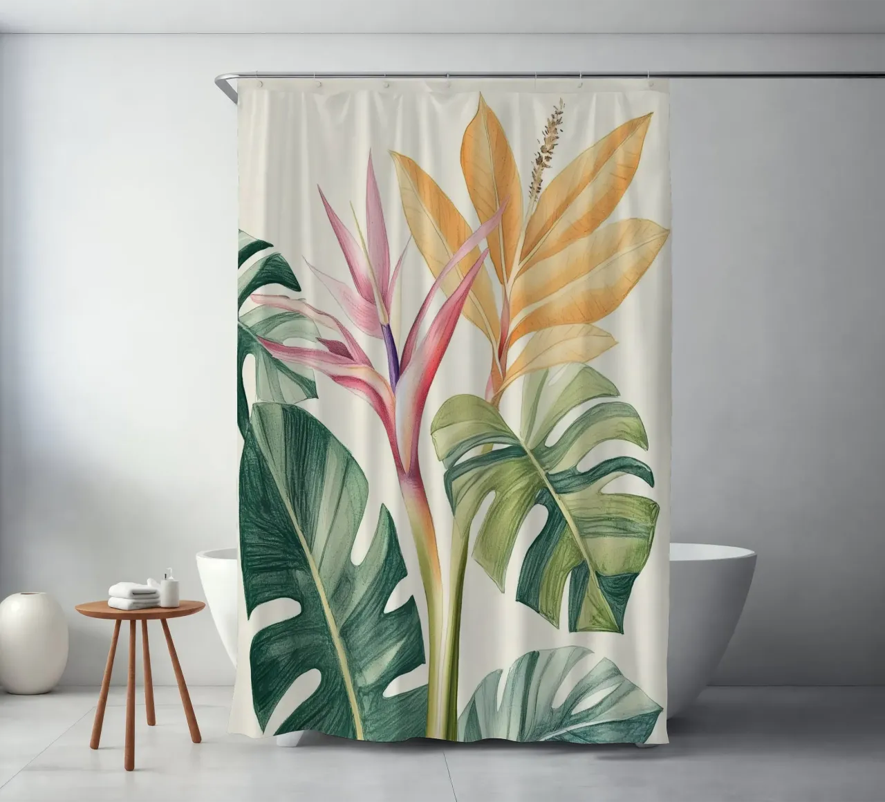 Boho Botanico Pianta tropicale Uccello del Paradiso Foglia di Monstera tenda da doccia da Gentle Echoes Art