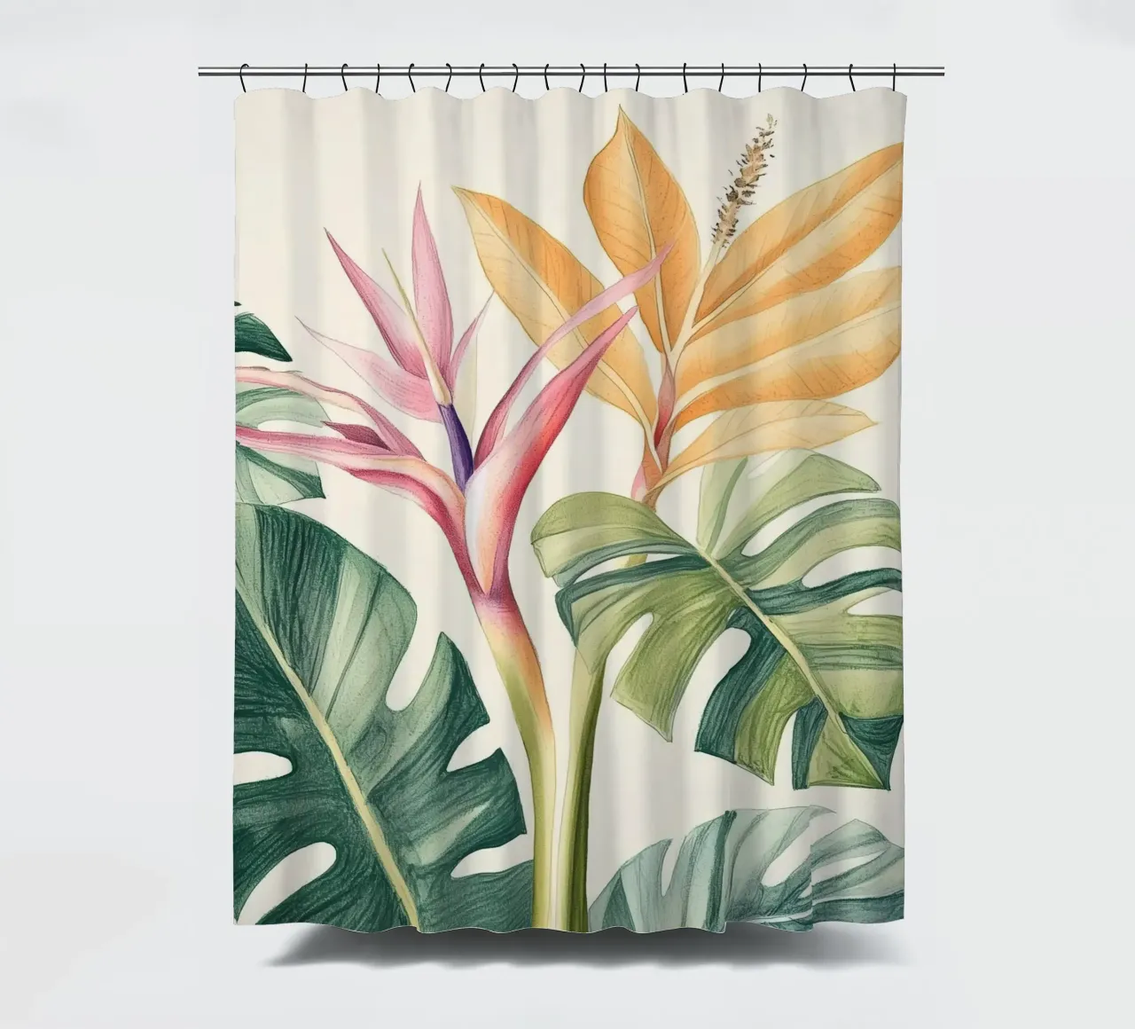 Boho Botanico Pianta tropicale Uccello del Paradiso Foglia di Monstera tenda da doccia da Gentle Echoes Art