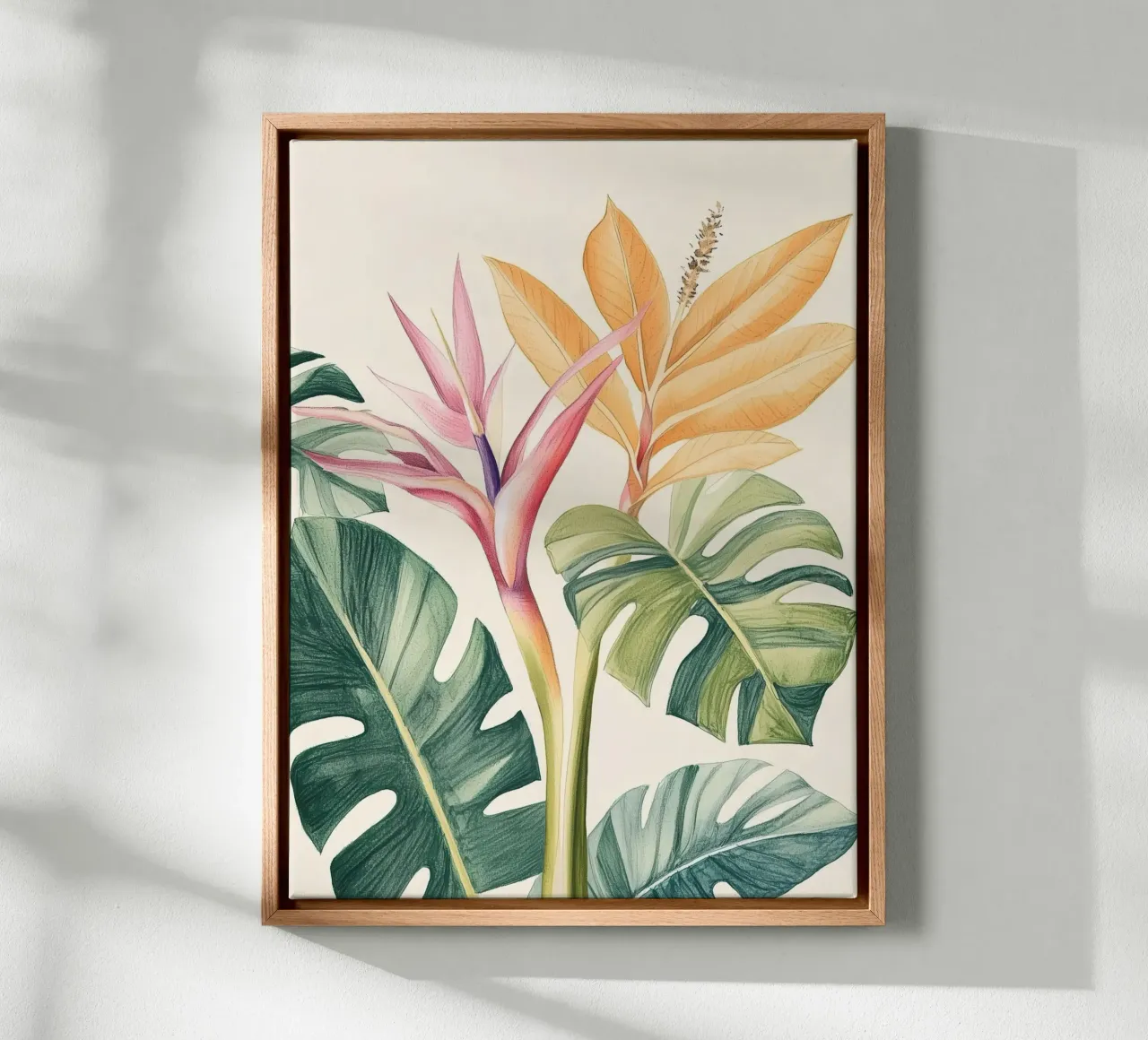 Boho Botanico Pianta tropicale Uccello del Paradiso Foglia di Monstera tela con Cornice a cassetta da Gentle Echoes Art