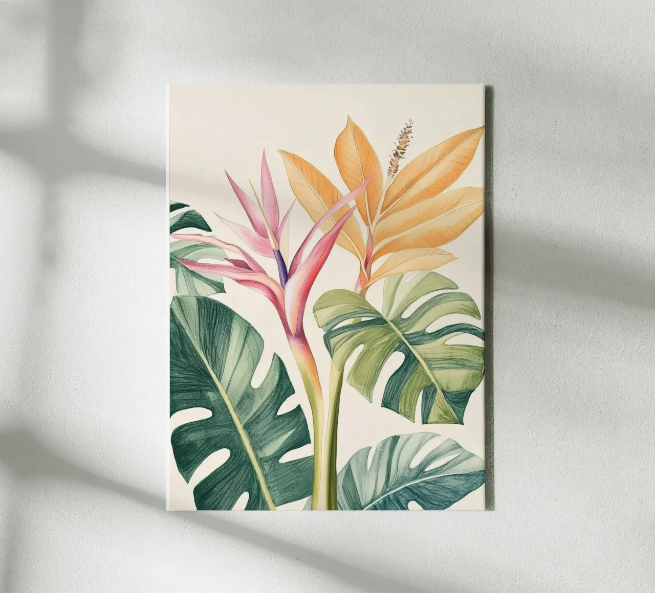 Boho Botanico Pianta tropicale Uccello del Paradiso Foglia di Monstera tela con Cornice a cassetta da Gentle Echoes Art