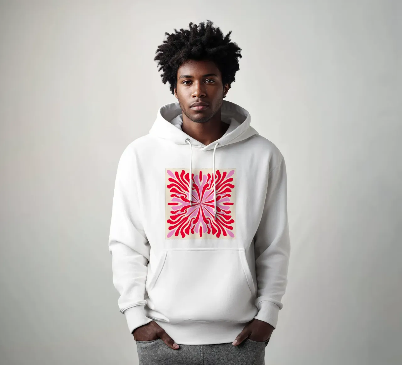 Pétalos simétricos psicodélicos abstractos rosa y rojo sudadera con capucha de Wackapacka