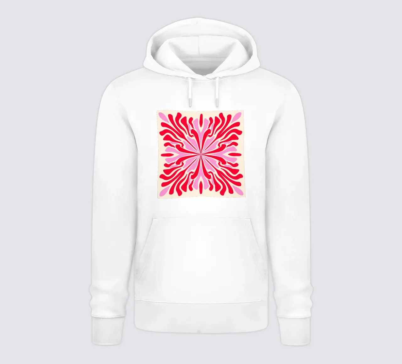 Pétalos simétricos psicodélicos abstractos rosa y rojo sudadera con capucha de Wackapacka