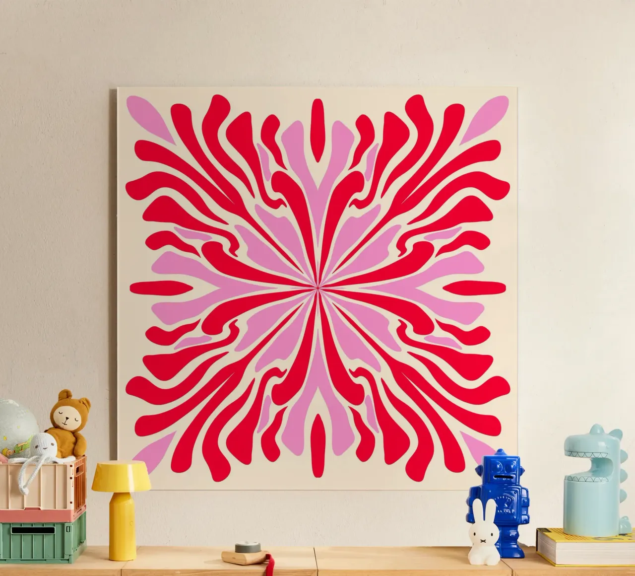 Pétalos simétricos psicodélicos abstractos rosa y rojo metacrilato de Wackapacka
