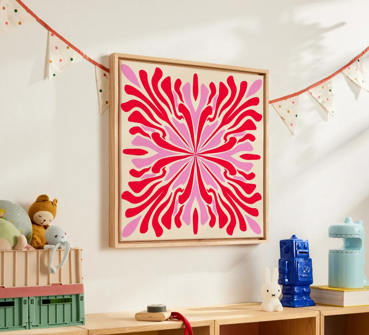 Abstract psychedelic symmetrical petals pink and red canvas with Floater frame by Wackapacka