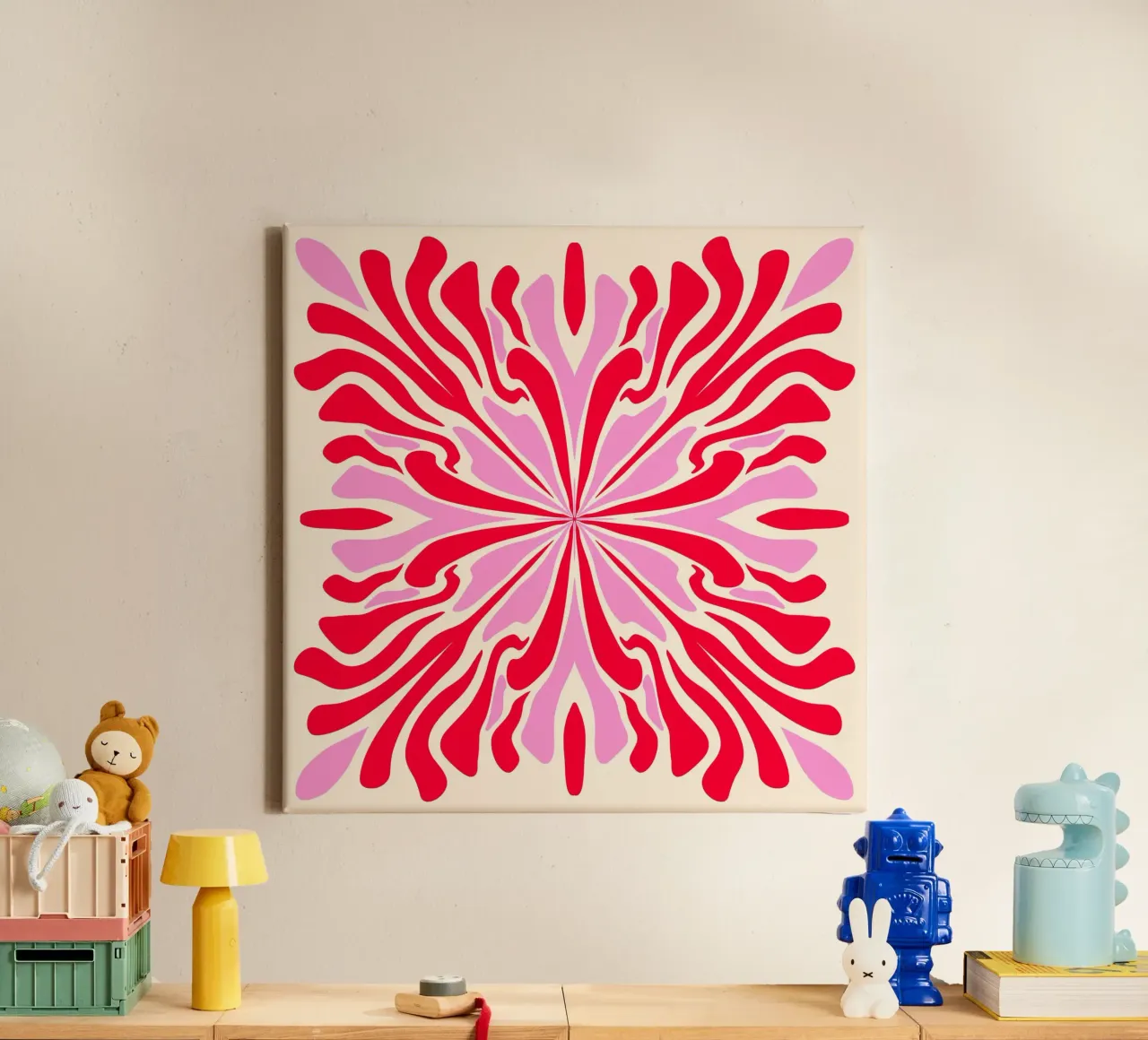 Abstract psychedelic symmetrical petals pink and red canvas with Floater frame by Wackapacka