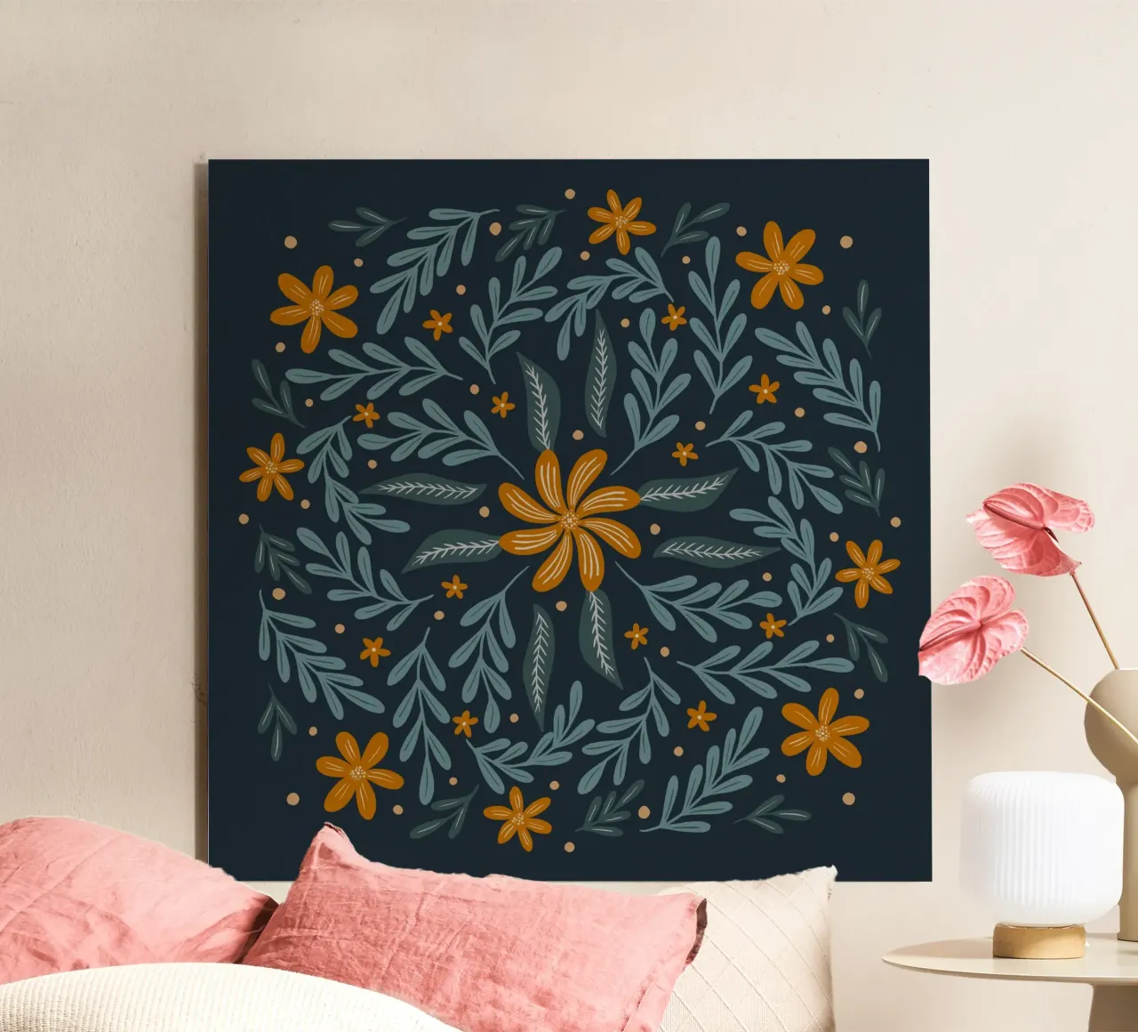 Fiori circolari - indaco e arancio alluminio dibond da Wackapacka