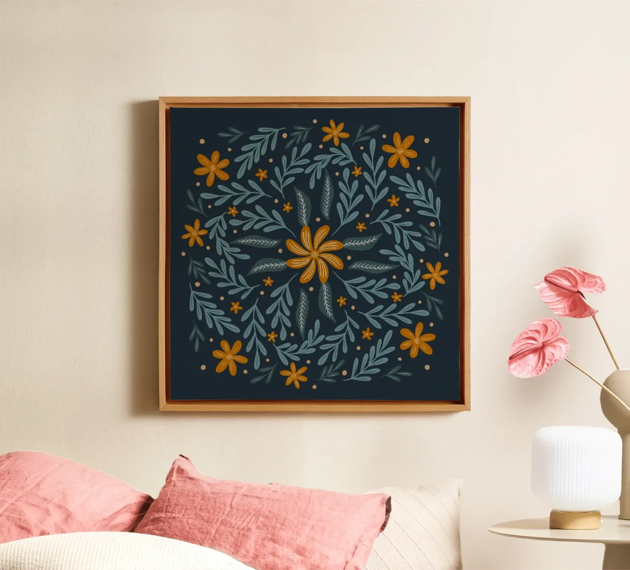 Kreisförmige Blüten - Indigo und Orange Leinwand von Wackapacka