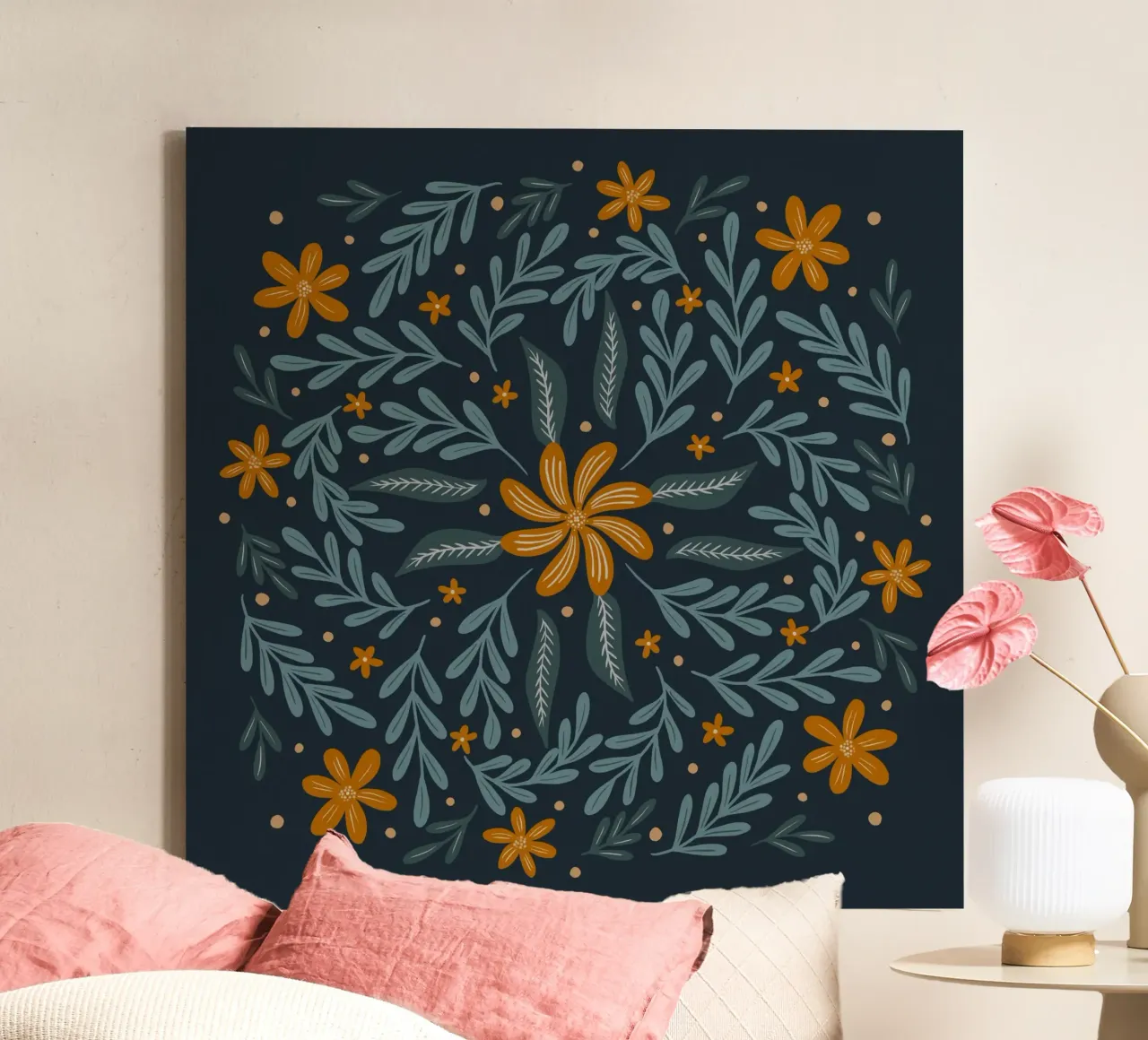 Kreisförmige Blüten - Indigo und Orange Leinwand von Wackapacka