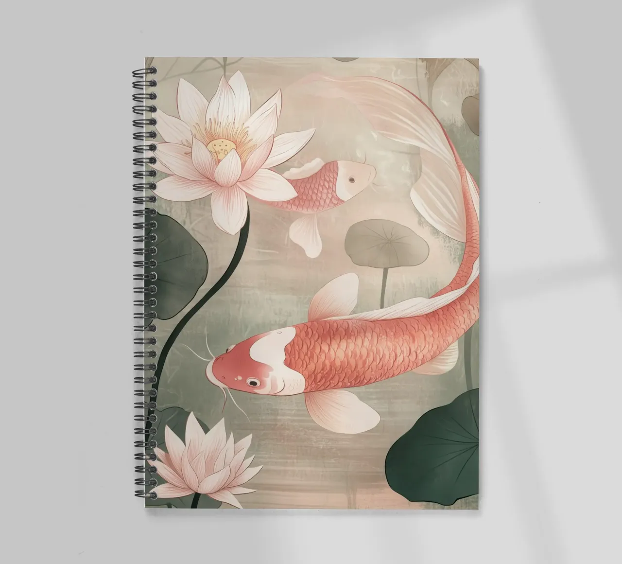 Japandi style koi fish in dusky pink spiral notebook by Autofocus
