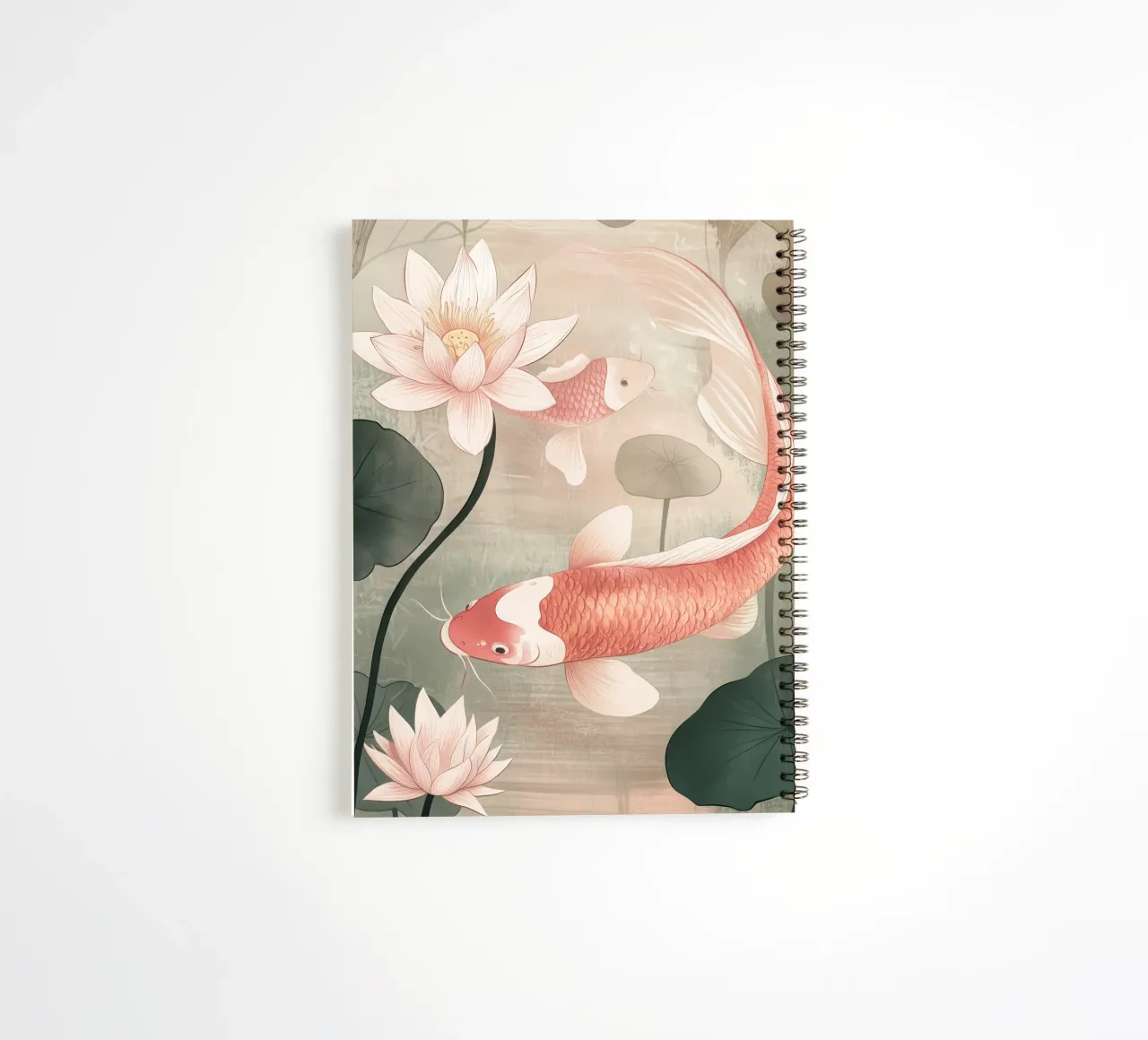 Japandi style koi fish in dusky pink spiral notebook by Autofocus