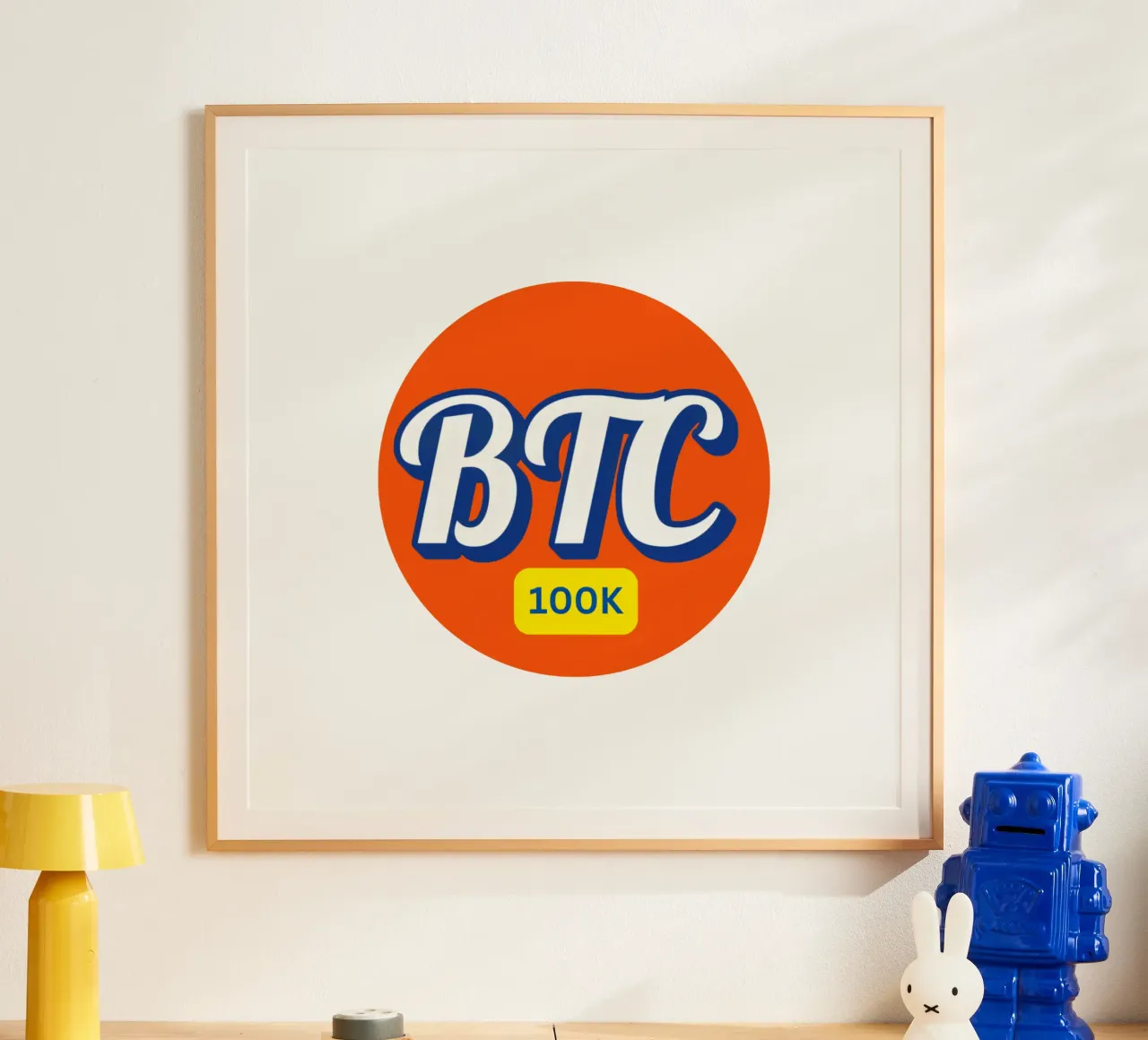 BTC_Orange_100K poster with wooden frame by Crypto_Jungle