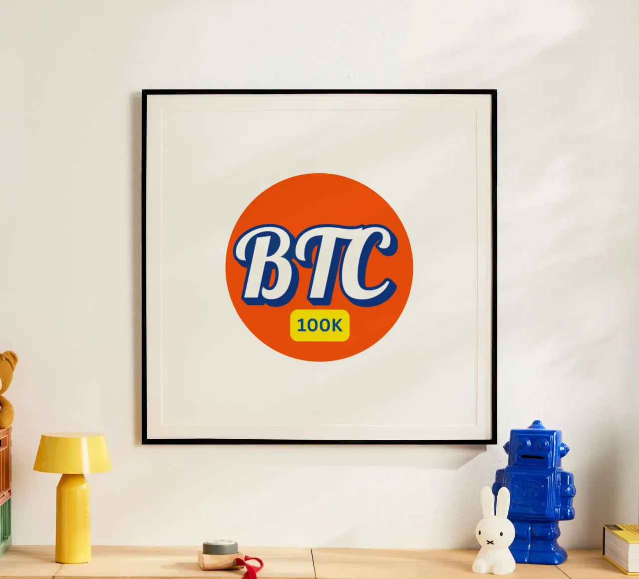 BTC_Orange_100K poster with wooden frame by Crypto_Jungle