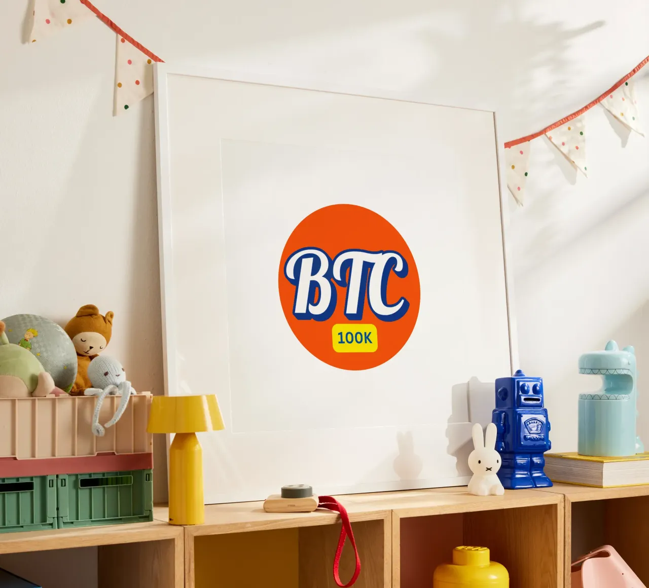BTC_Orange_100K poster with wooden frame by Crypto_Jungle