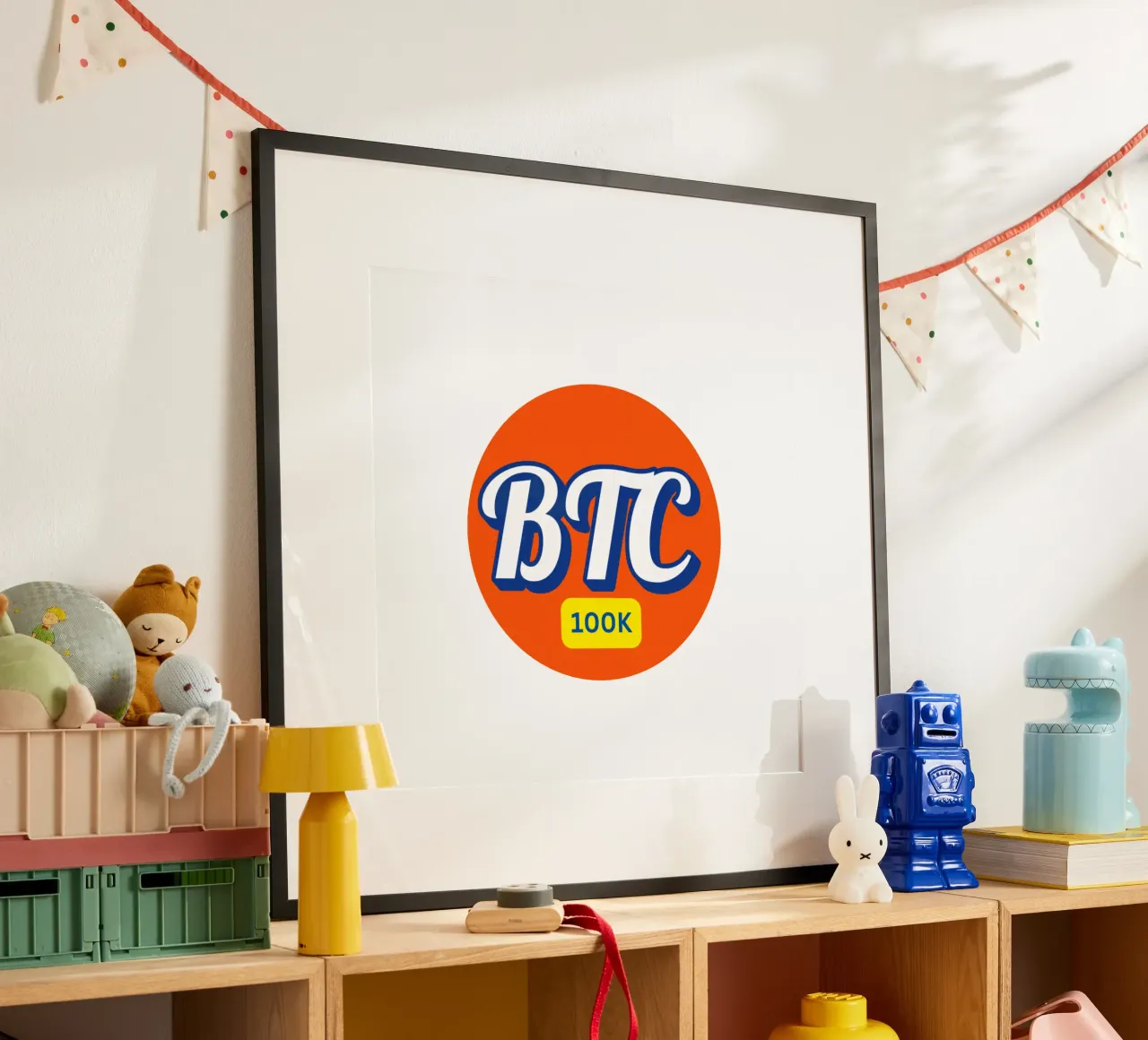 BTC_Orange_100K poster with wooden frame by Crypto_Jungle