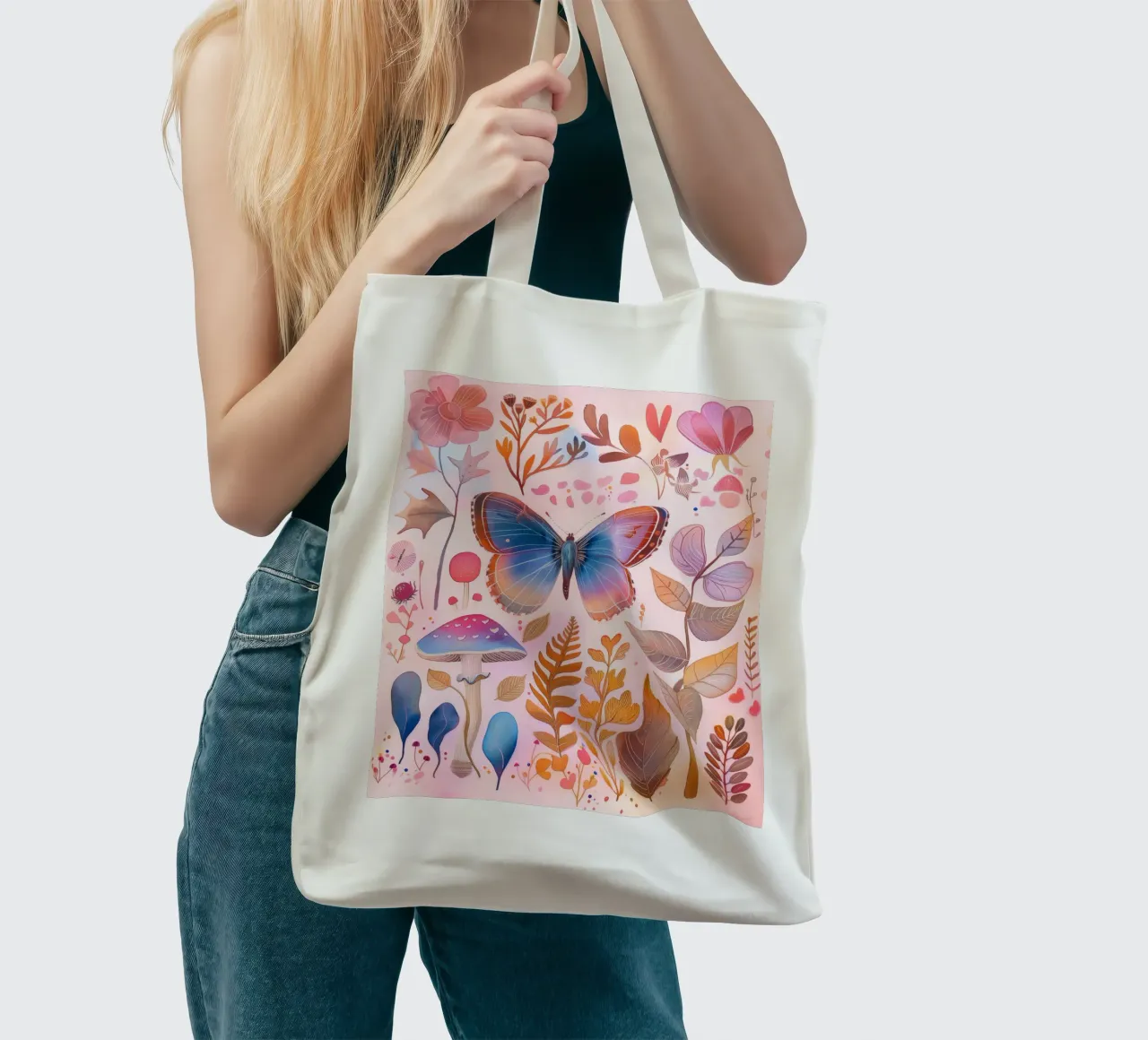 Boho Bohemian Vintage Botanico Farfalla Fungo in Natura borsa in juta da Gentle Echoes Art