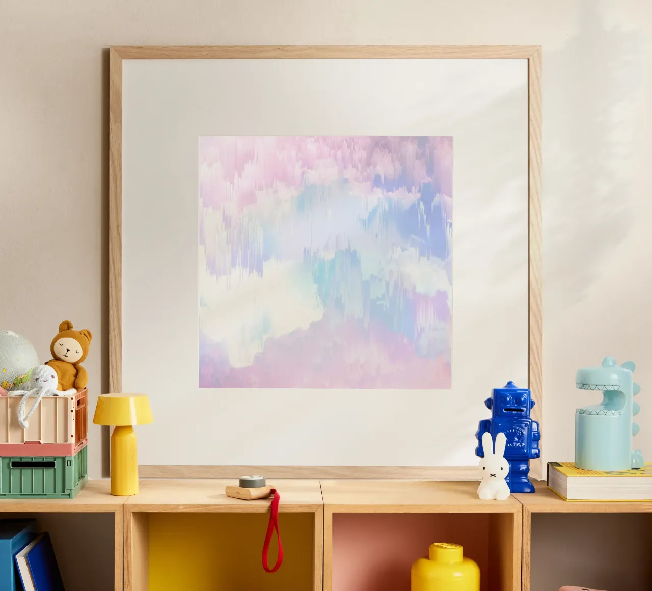 Cielo sognante Glitch in rosa e blu pastello Candy poster con telaio in legno da Dominique Vari Abstract