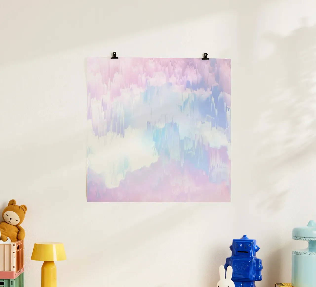 Cielo sognante Glitch in rosa e blu pastello Candy poster con telaio in legno da Dominique Vari Abstract