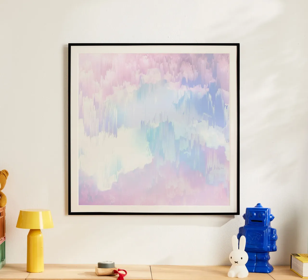 Cielo sognante Glitch in rosa e blu pastello Candy poster con telaio in legno da Dominique Vari Abstract