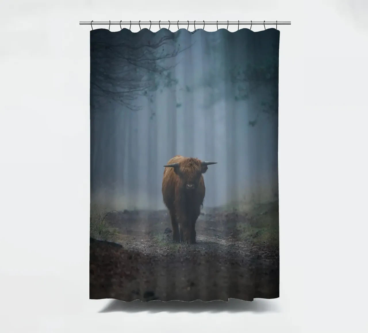 Mucca Highland in una foresta nebbiosa tenda da doccia da Tom's Wildlife