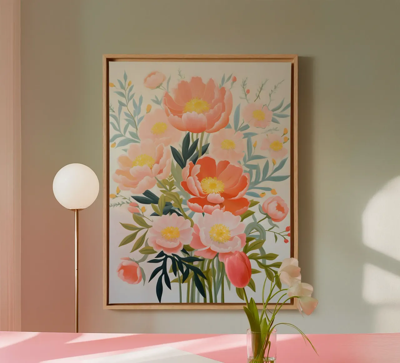 Peony Bliss - Diseño floral vibrante lienzo con Marco flotante de KidzStudio