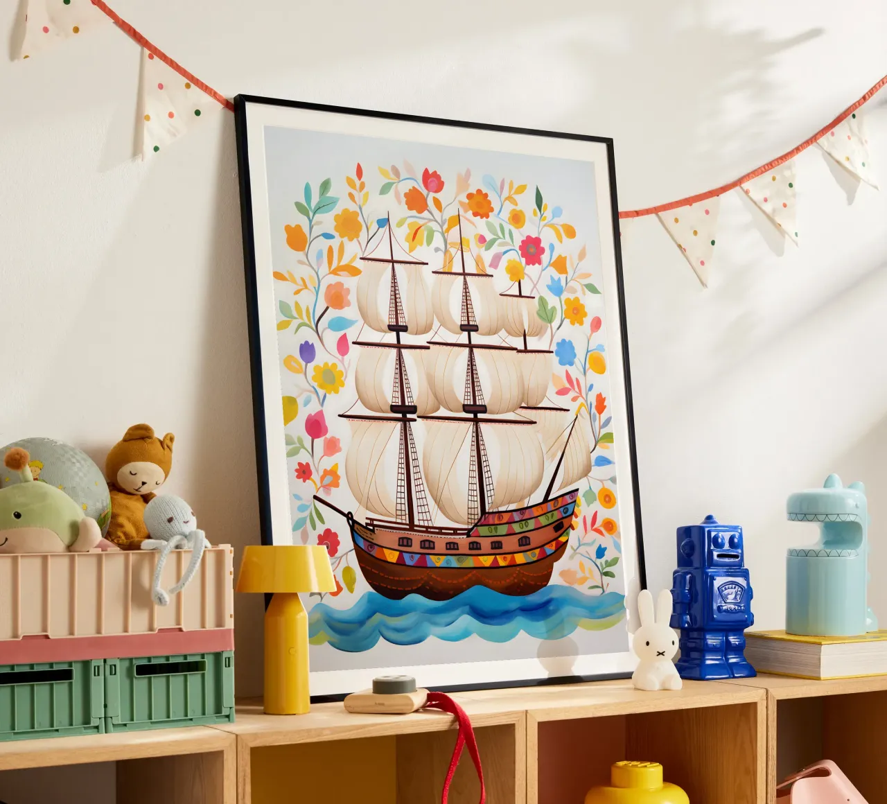 Una nave d'avventura fiorente poster con telaio in legno da KidzStudio