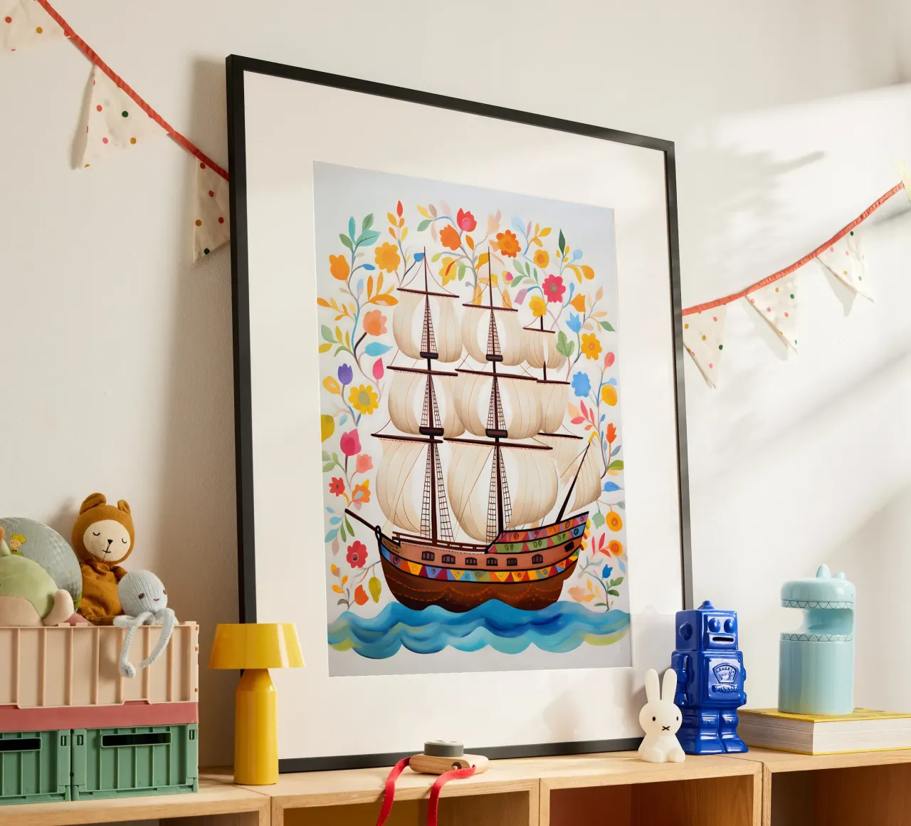 Una nave d'avventura fiorente poster con telaio in legno da KidzStudio