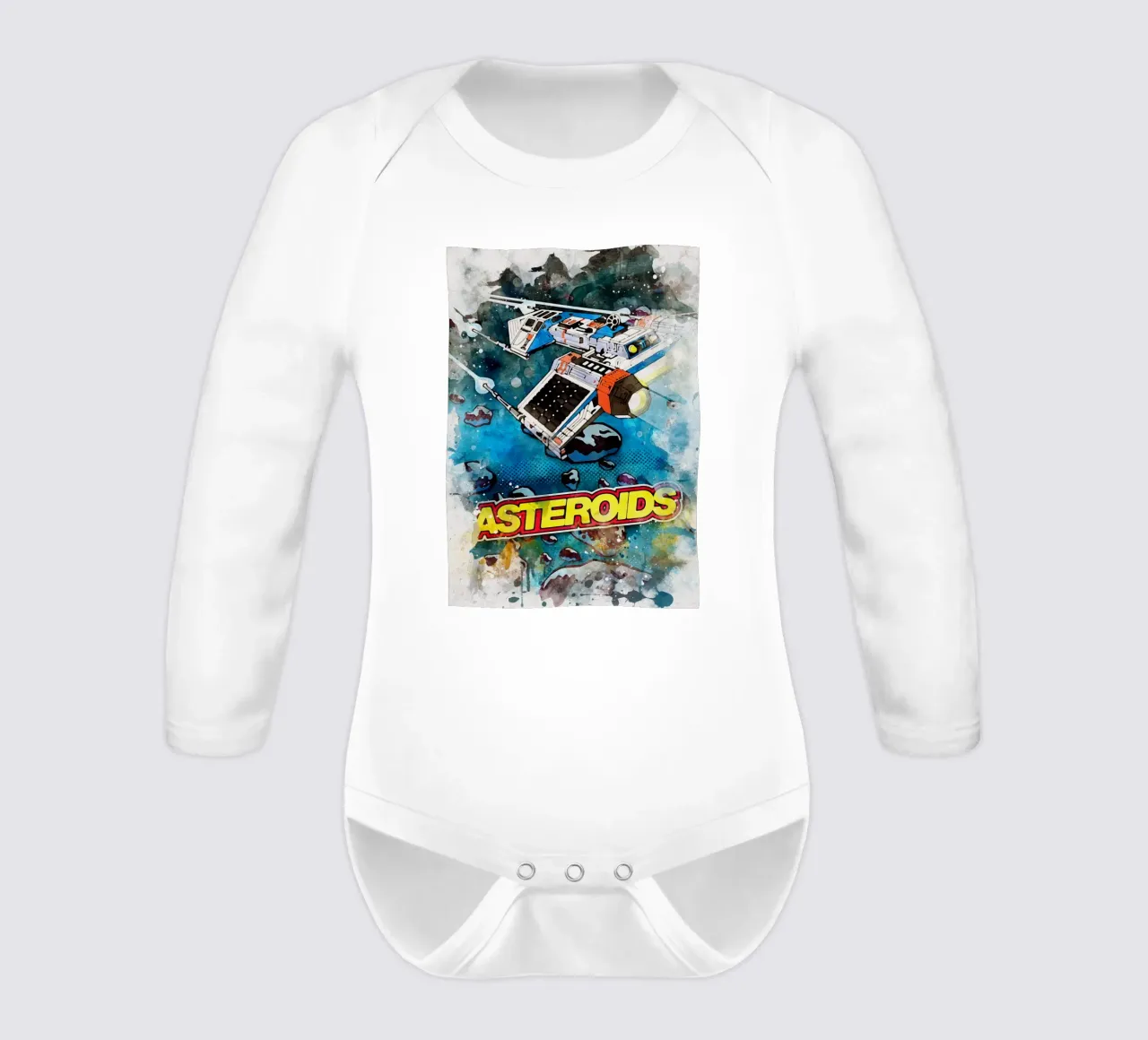 Asteroids Watercolor long-sleeve baby romper by CreativeStudio