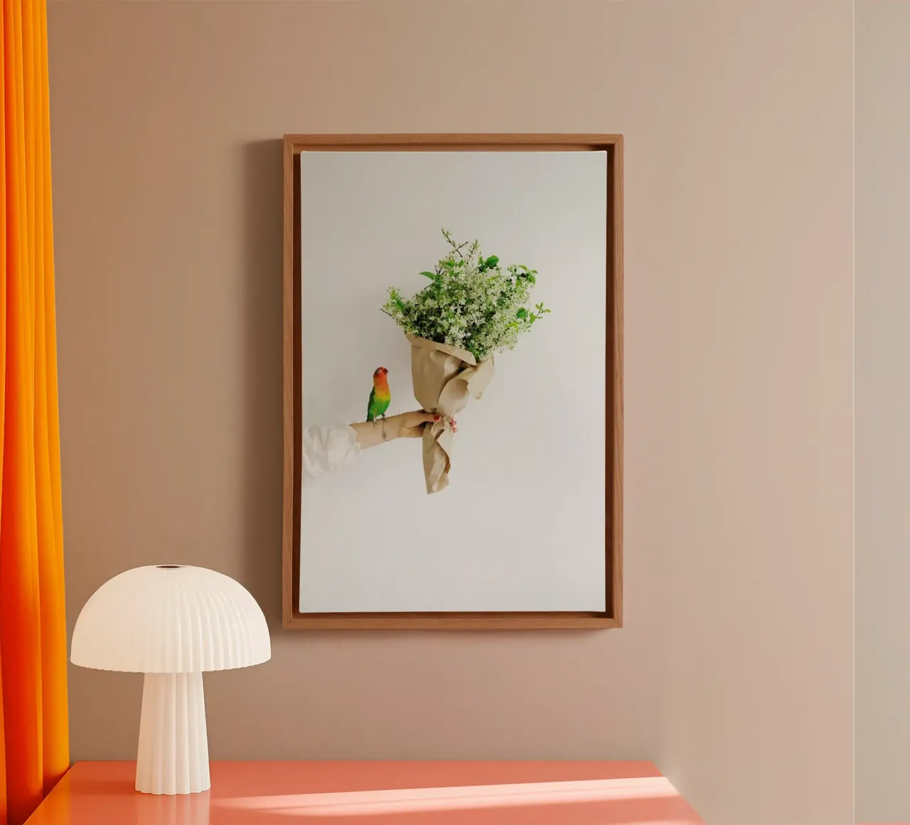 Parrot And A Girl canvas with Floater frame by Jovana Rikalo