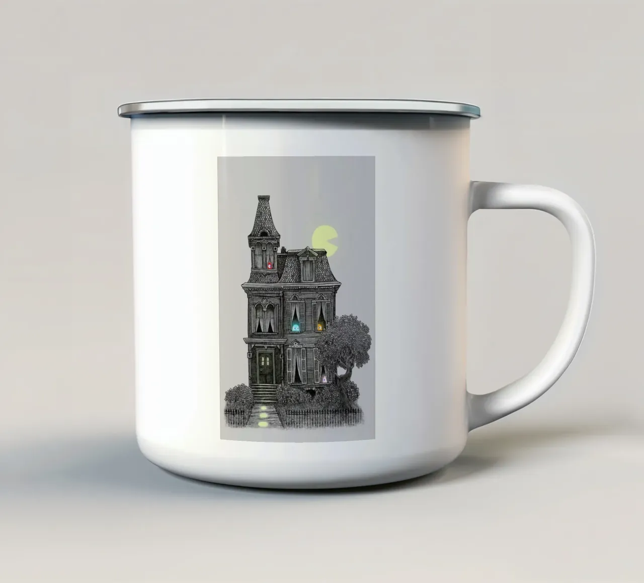 Haunted by the 80's enamel mug by Terry Fan
