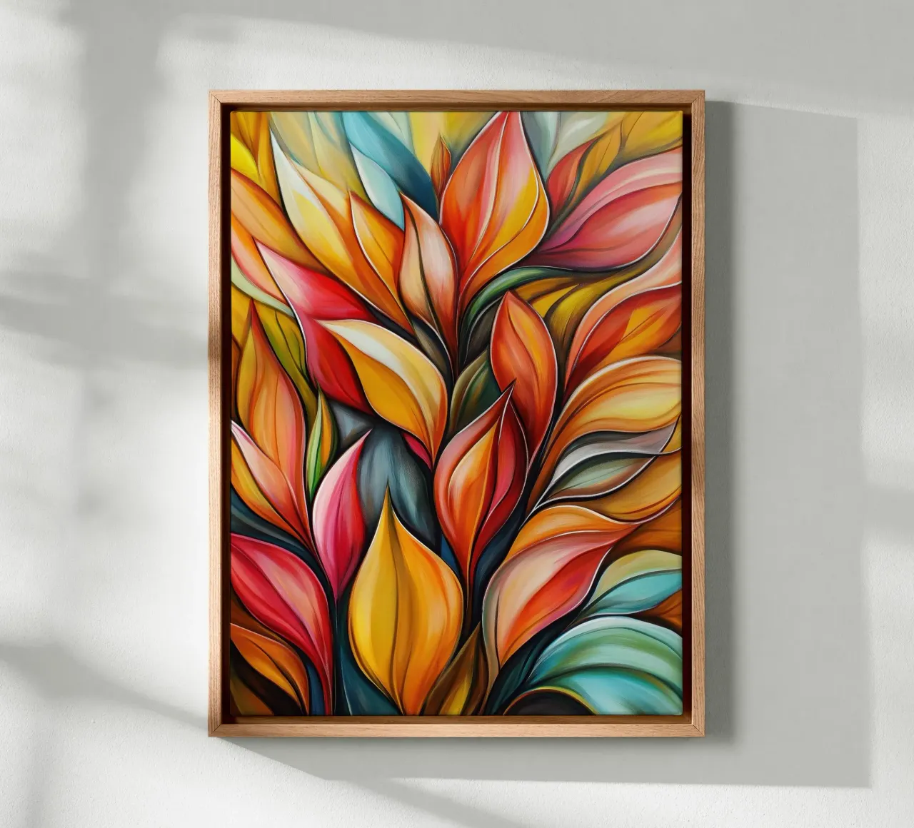 Kleurrijke abstracte bladeren canvas met Baklijst van Imagine