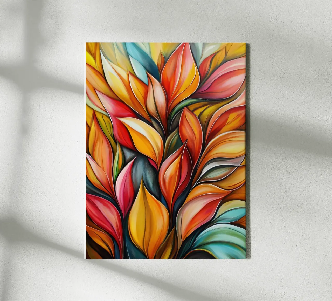 Kleurrijke abstracte bladeren canvas met Baklijst van Imagine