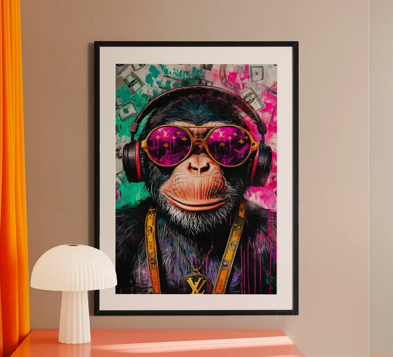 A hip hop monkey with headphone poster con telaio in plastica da FreeArtStudio