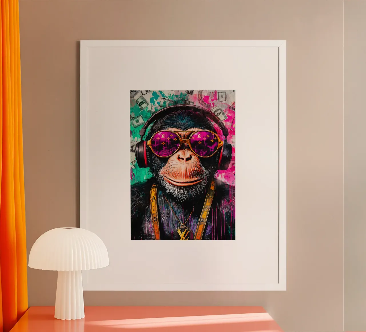 A hip hop monkey with headphone poster con telaio in plastica da FreeArtStudio