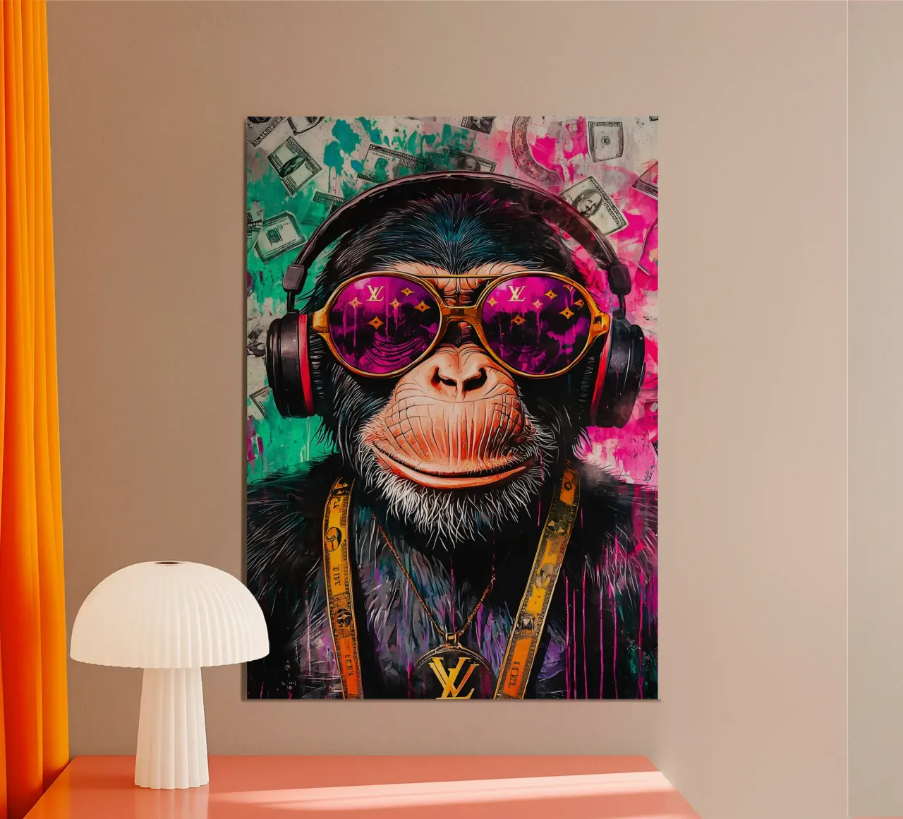 A hip hop monkey with headphone poster con telaio in plastica da FreeArtStudio