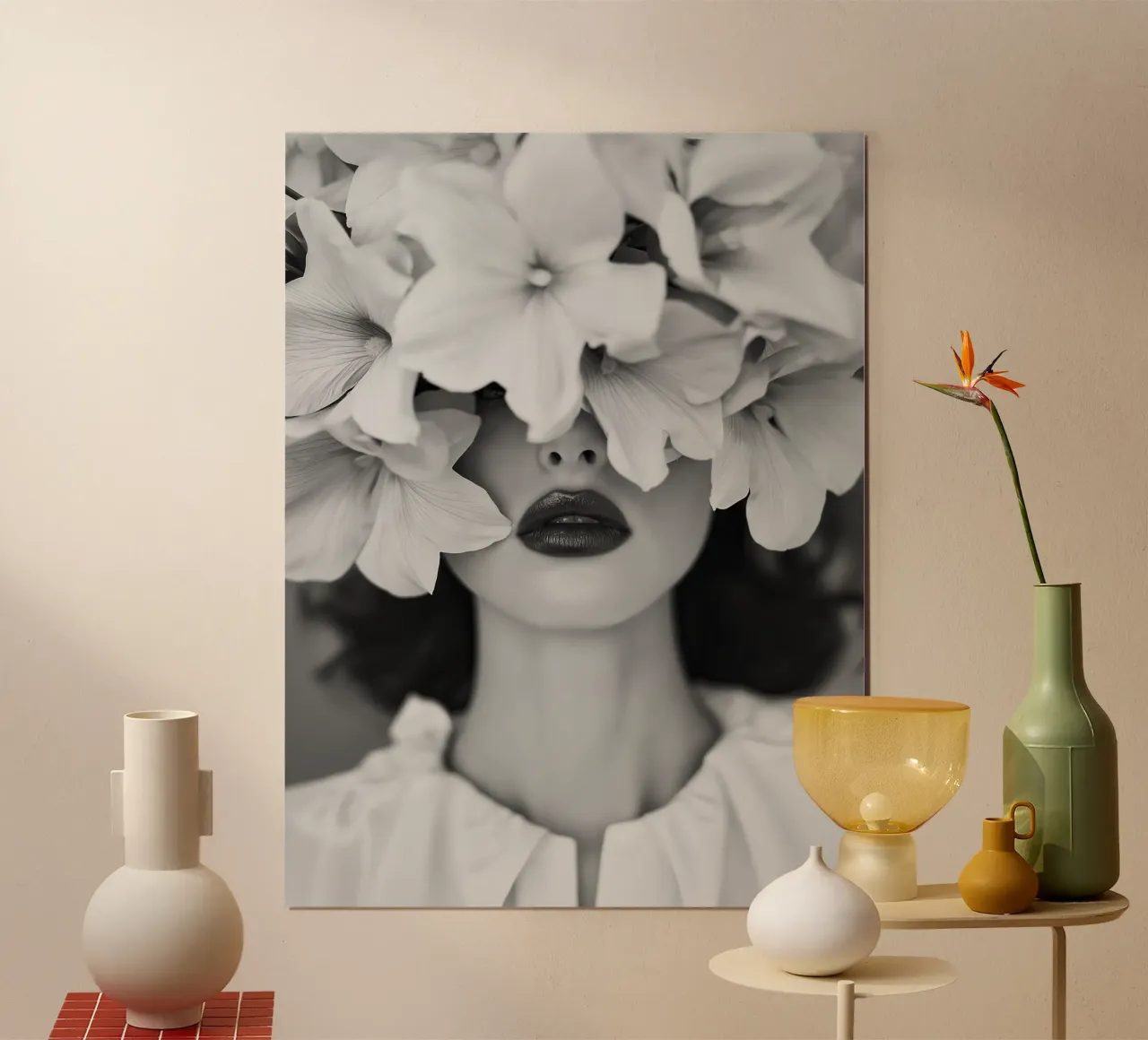 Donna con capelli a fiori poster con telaio in alluminio da Imagine