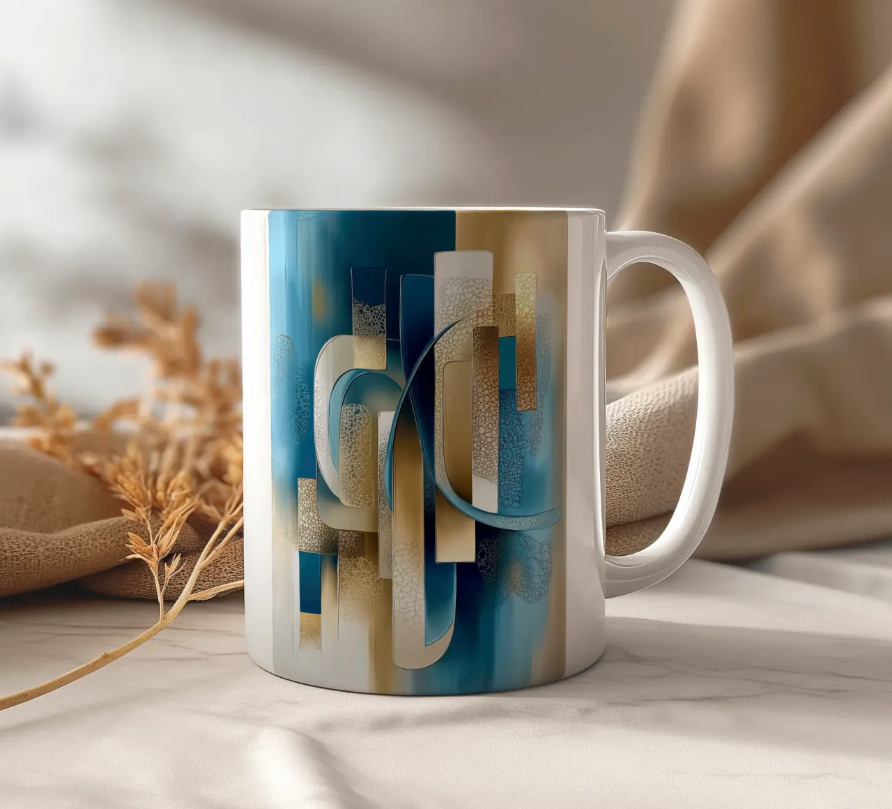Abstracte vorm in blauw en goud keramische mok van Imagine