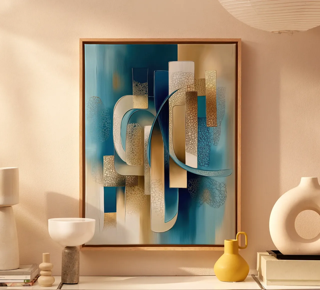 Abstracte vorm in blauw en goud canvas van Imagine