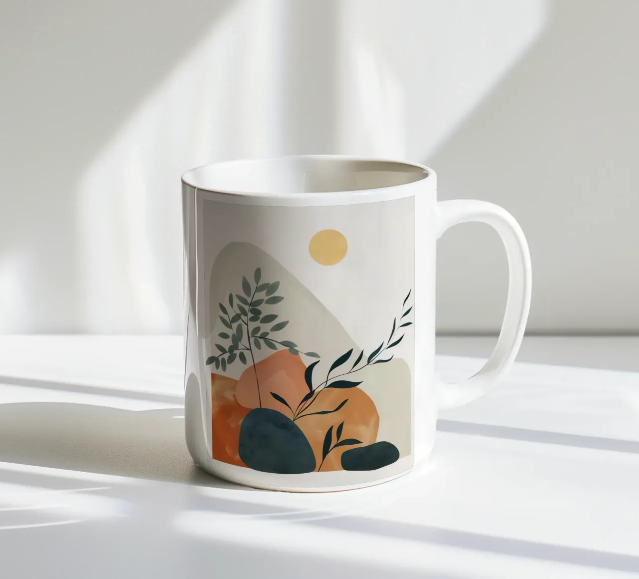 Boho Mond Sonne Pflanze Berg Abstrakt Natur Yoga Kaffee Kunst Keramik Tasse von Gentle Echoes Art