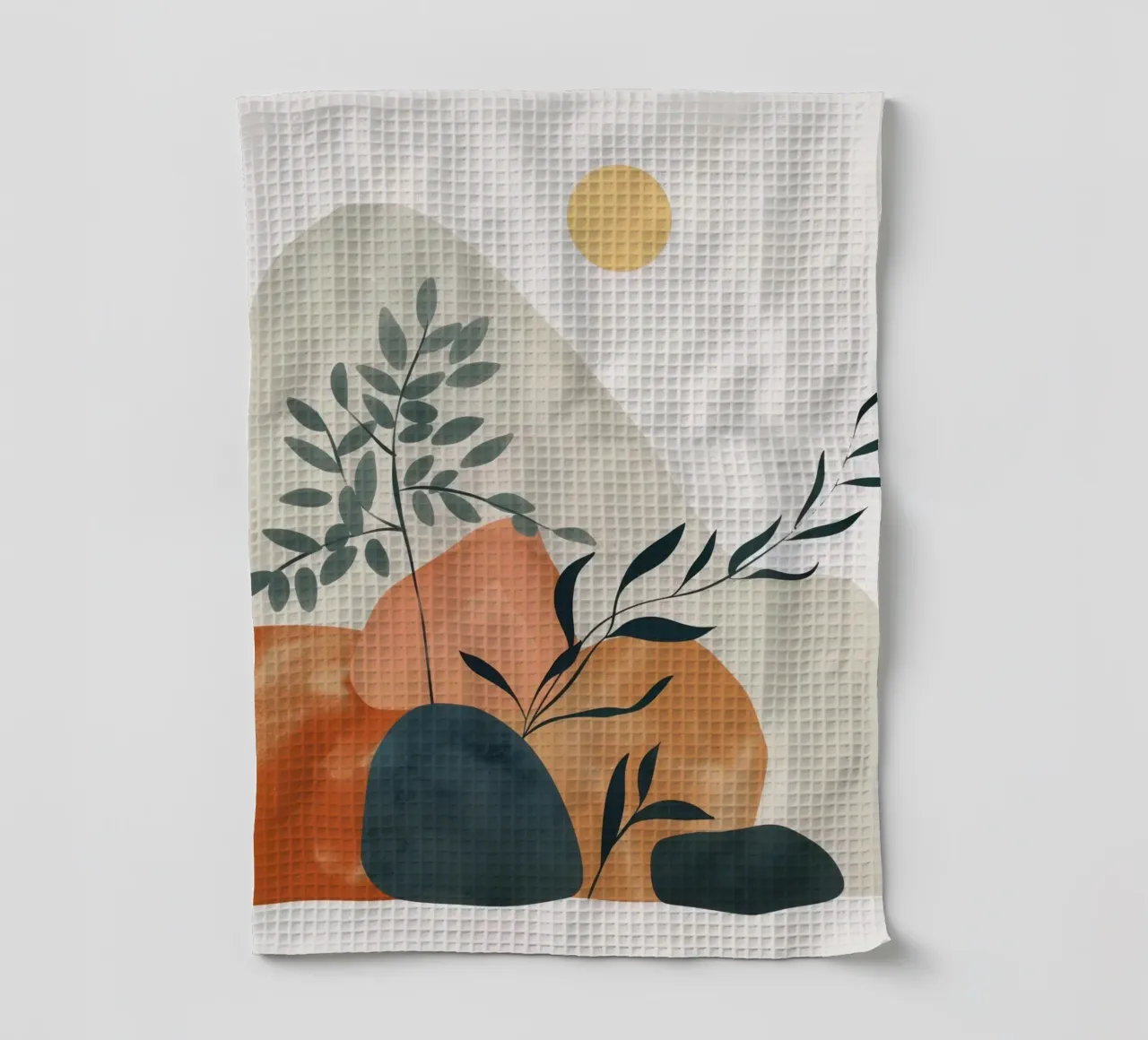 Boho Luna Sole Pianta Montagna Natura Astratta Yoga Caffè Arte canovaccio da cucina da Gentle Echoes Art