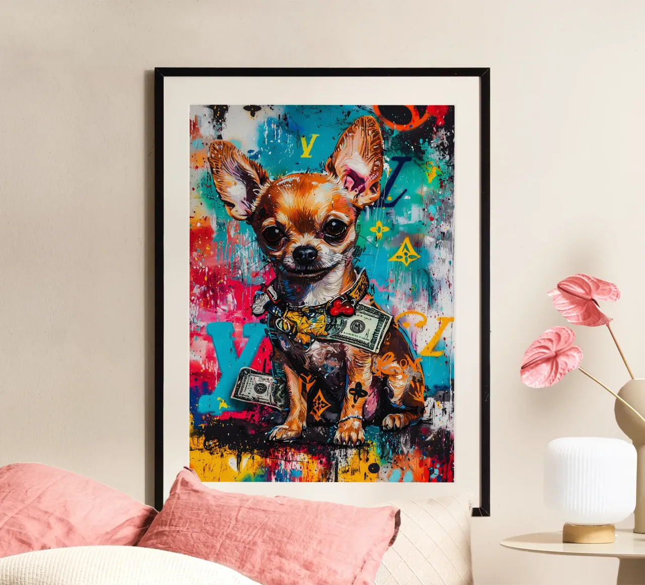 Pop art A hip hop chihuahua dog poster con telaio in legno da FreeArtStudio