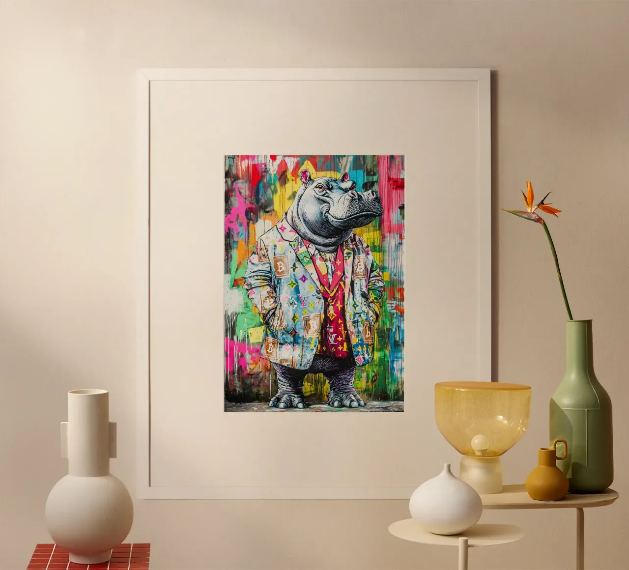 Pop art A hip hop hippo poster con telaio in legno da FreeArtStudio